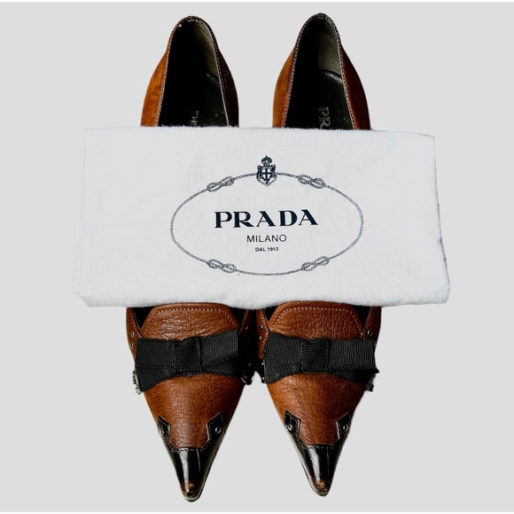Prada Kitten Heels, Brown, Black Bow Accents, Metal Heel, Crocodile Toe, Size 41 - Picture 8 of 9